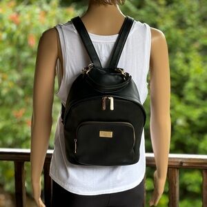Compact Black Faux Leather Backpack with Gold Accents